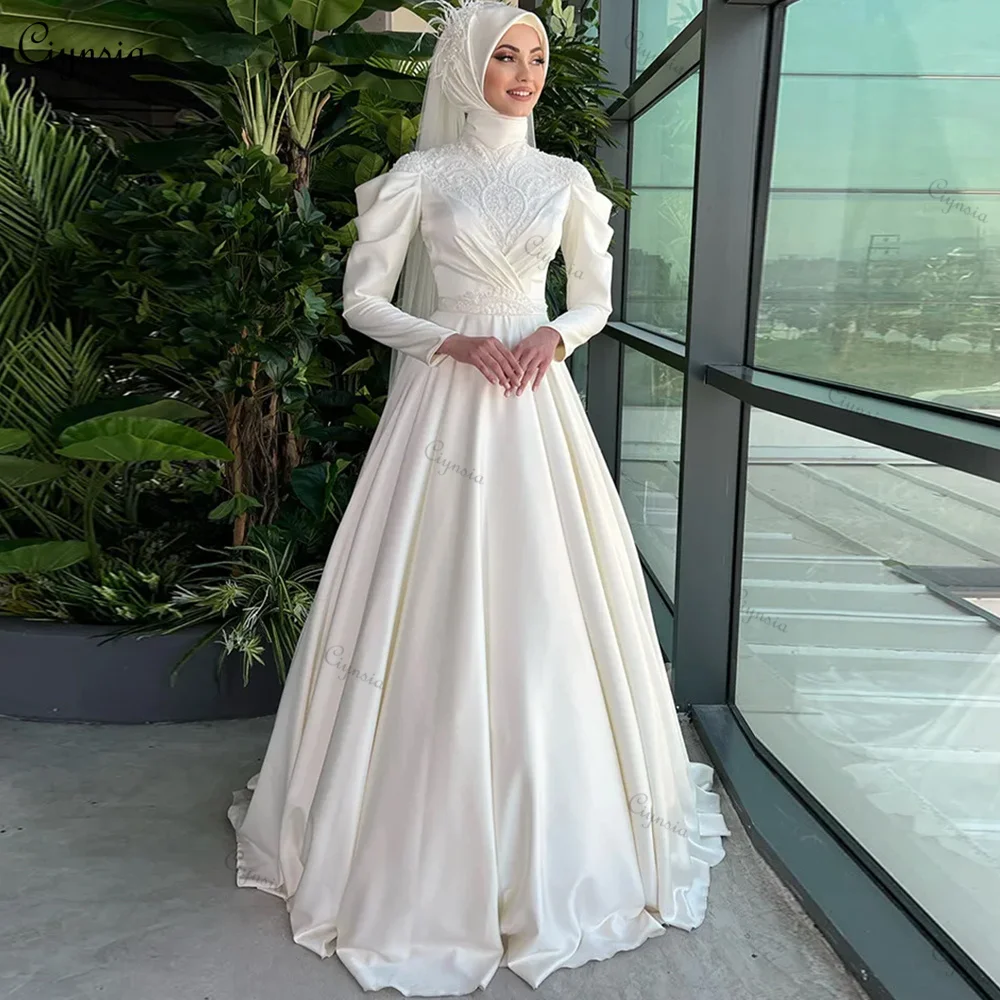 Ciynsia Arabic Long Sleeve Muslim Wedding Dress 2024 Bride Islamic Hijab Bridal Gowns High Neck Satin Vestido De Noiva Casamento