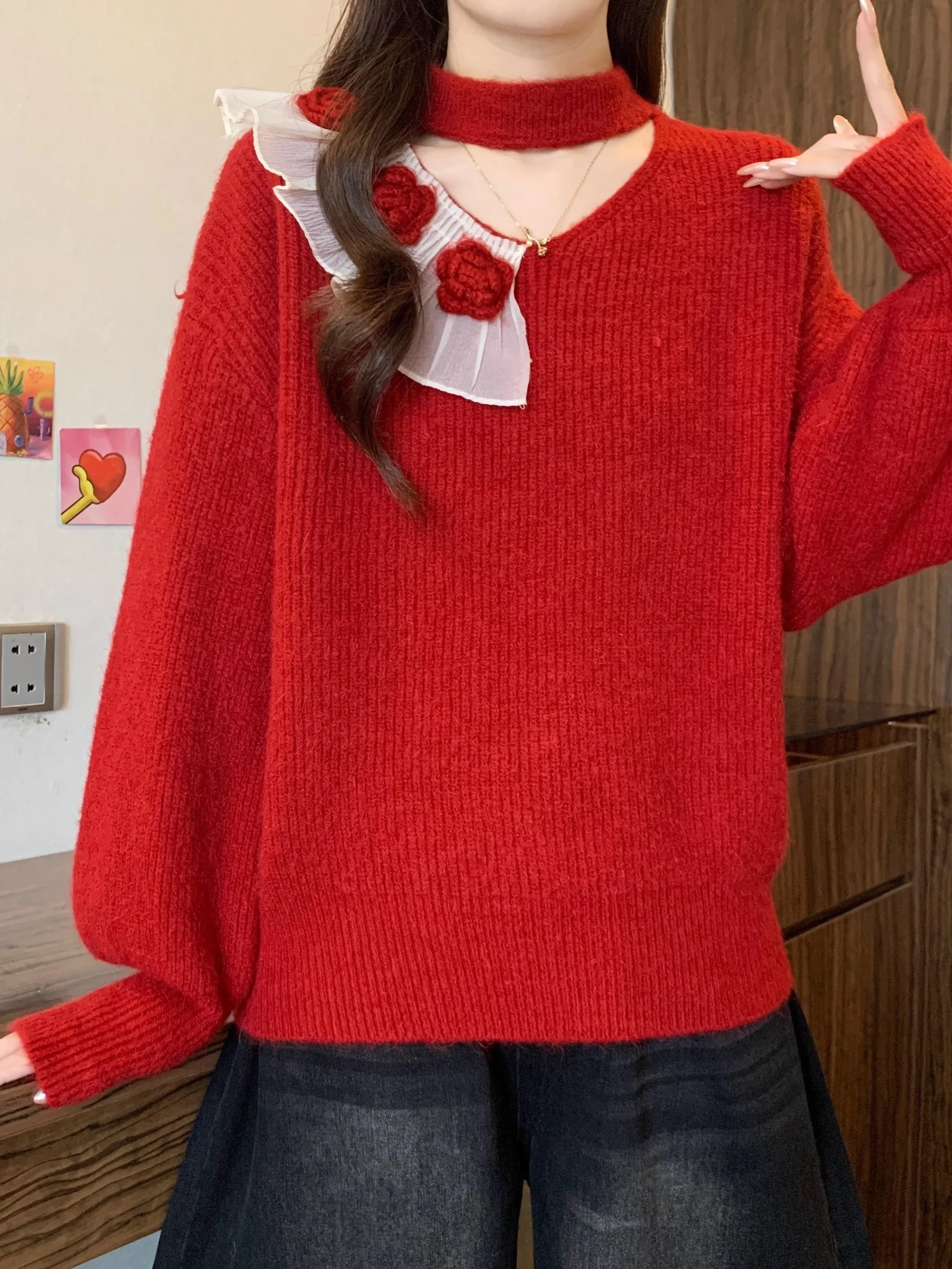 Blue Knitted Hollow out Sweater Women's Autumn Winter plus Size Fluffy Warm Floral 3D Aosphere Sense Slimming Top Trendy