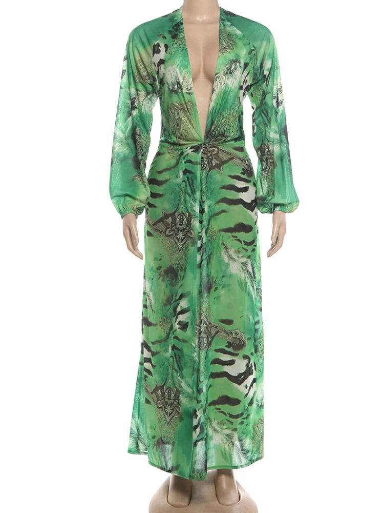 Nibber Laternenärmel Tigerstreifen-Print Langes Kleid Damen Herbst-Trend Tiefer V-Ausschnitt Sexy Rückenfreies Strand-Party Elegantes Kleid – Detail 3