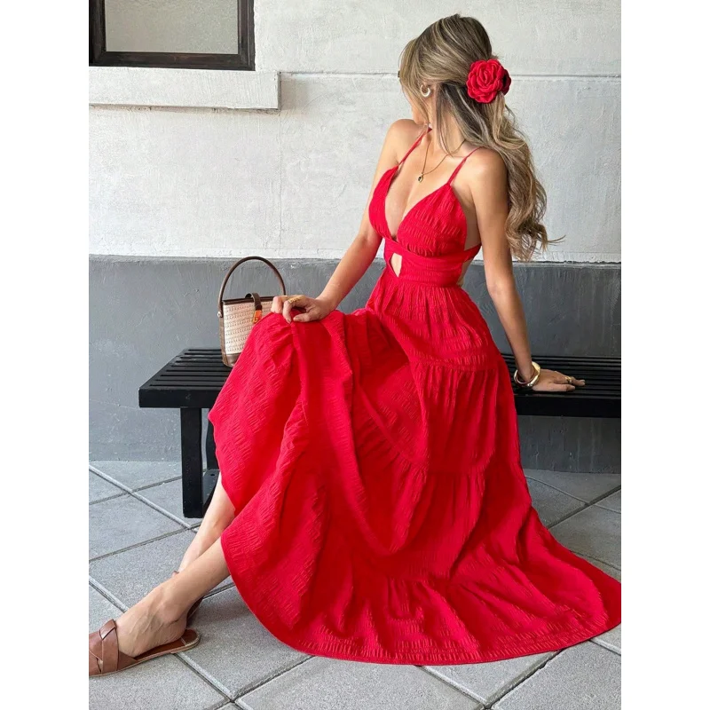 

temuWomen's Sexy Red Strap Dress Spring SummerVFlared Long Skirt