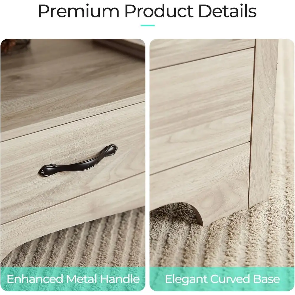 طاولة قهوة من خشب البلوط والبني الأنيق للمزرعة مع مساحة تخزين، وأثاث خشبي لغرفة المعيشة يتميز بشاشة عرض مفتوحة وأدراج، وقاعدة منحنية