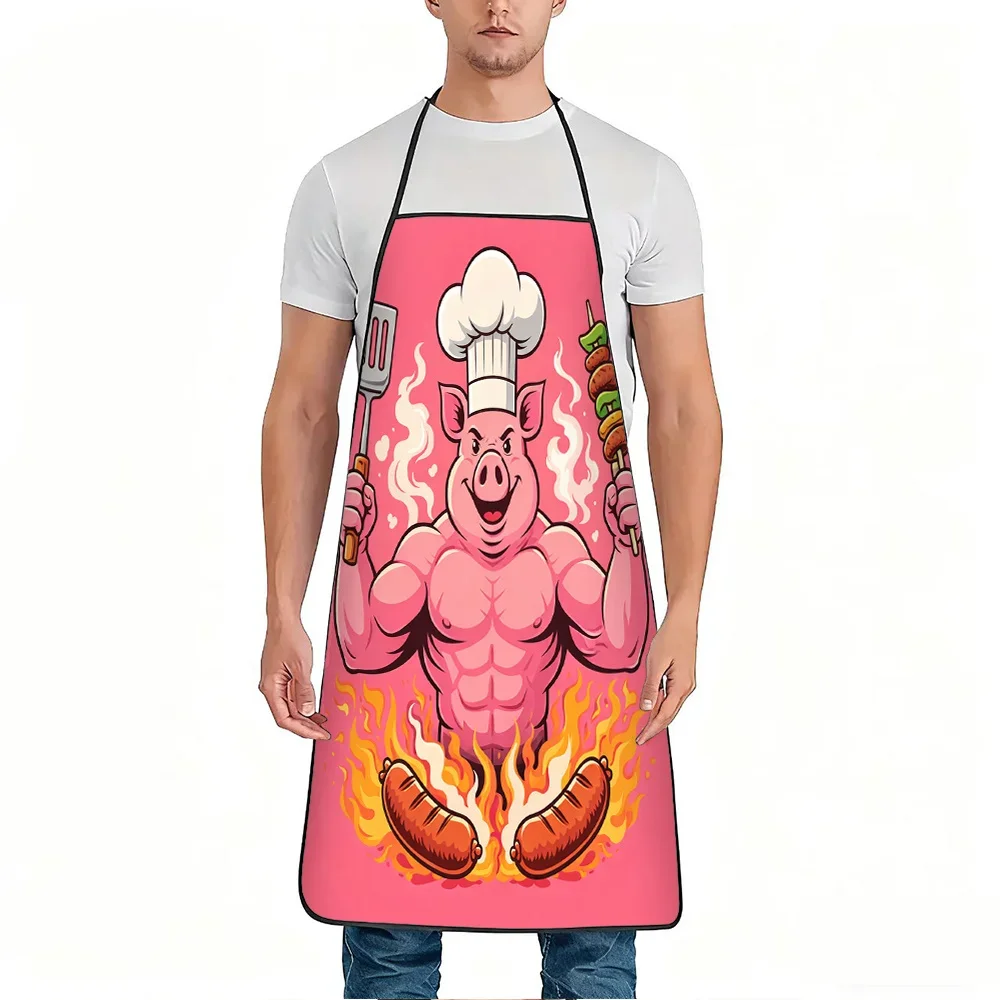 1pc Sturdy Chef Pig Humorous BBQ Design Apron, Long-Lasting And Easy to Clean, Adjustable Waist, Made of Polyester, Suitable for