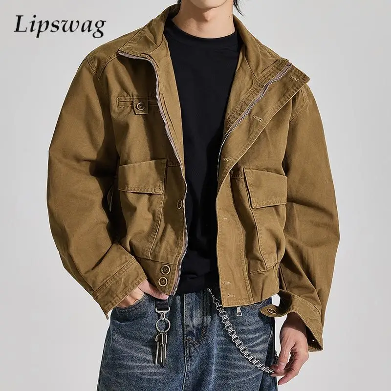 Streetwear Vintage Slim Crop Jacket Men Fall Winter Fashion Solid Color Buttoned Jackets Y2K Style Mens Stand Collar Denim Coats