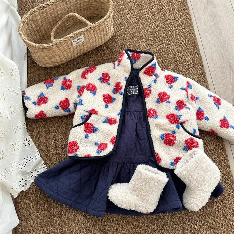 

2025 Girls Lamb's Wool Coat Autumn Winter Warm Outerwear Comfortable Padded Jacket New Fashion Children Clothing 3-6 Years Old