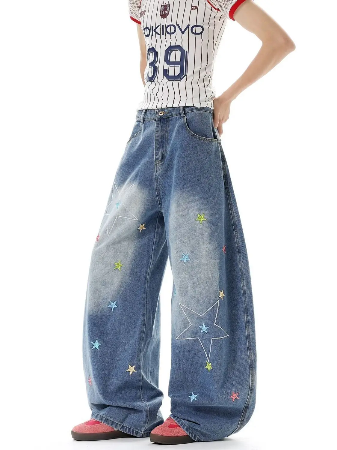 Vintage americano estrela bordado perna larga denim calças femininas 2025 solto cintura alta em linha reta fino ajuste arrastando streetwear jeans