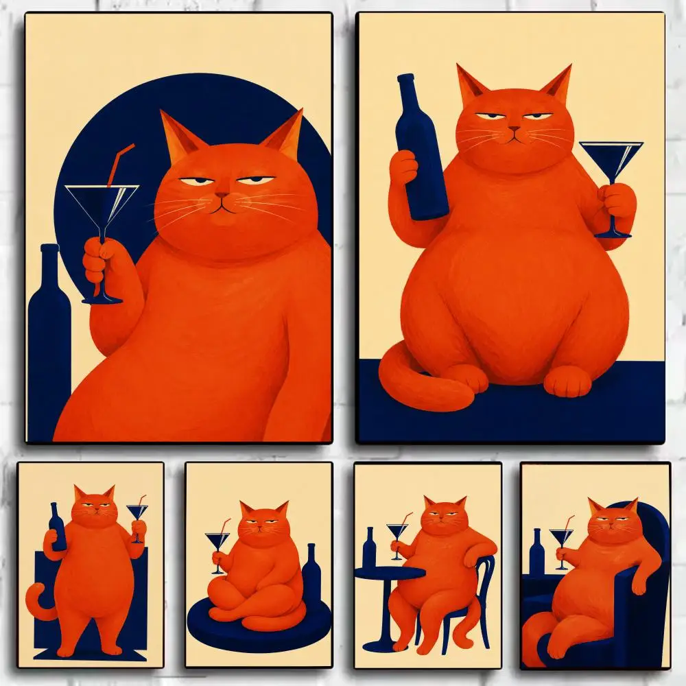 Bar Cat Cheers Painting Calligraphy Anti-wrinkle Canvas Poster Wall Mural Art Photos for Room Home Spaces Decor