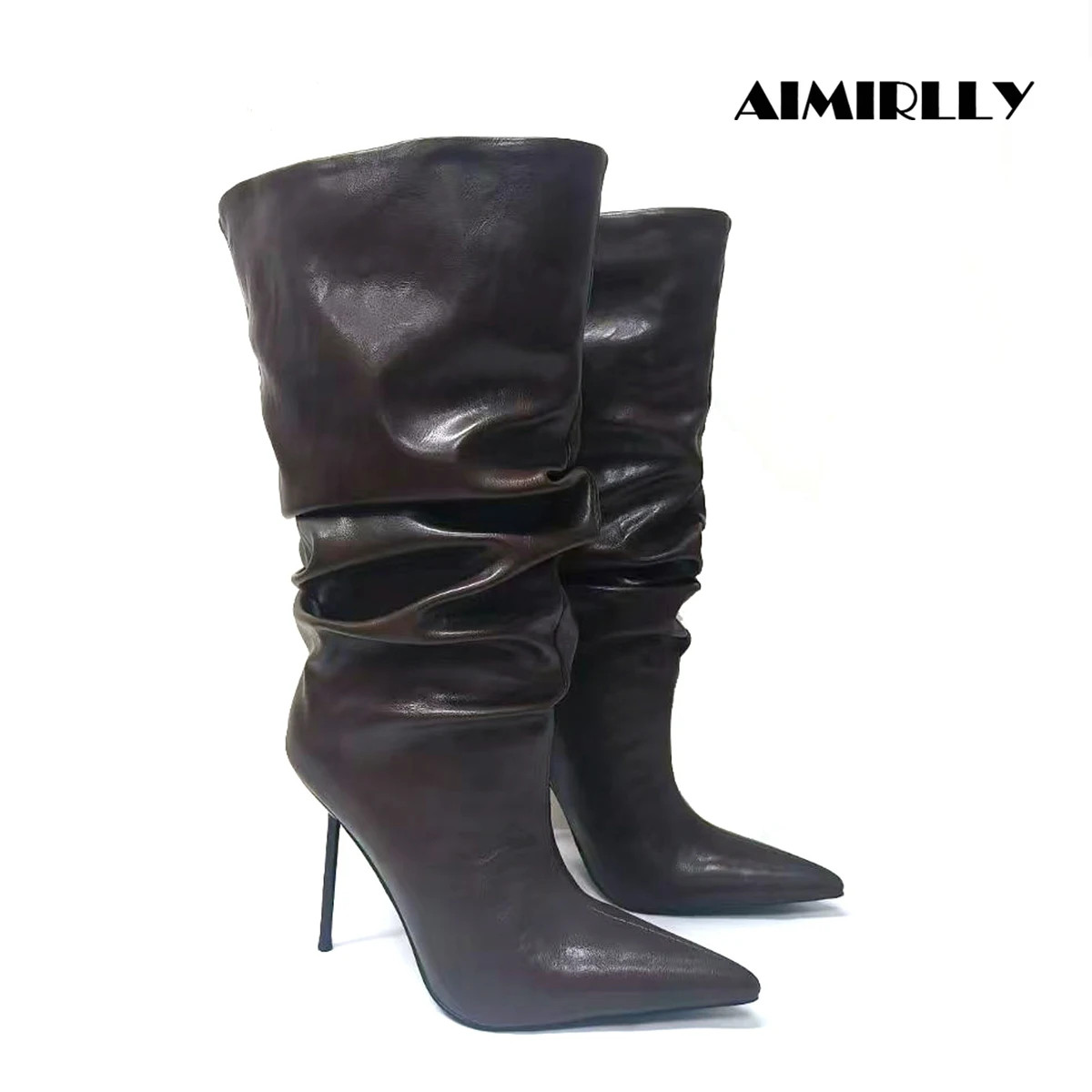 

Fashion Women's Pleated Mid-calf Boots Pointed Toe High Heel Shoes Dark Brown Stilettos Ladies Winter Boots Pull On