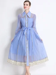 High-End Loose Lace Spliced Long Party Dress Women New Spring Pink Sky Blue White With Belt Elegant Casual Runway Dresses