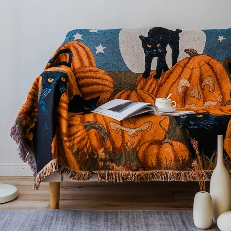 

Halloween Pumpkin Black Cat Pattern Tassel Line Blanket Sofa Towel Single Full Cover Blanket Picnic Mat