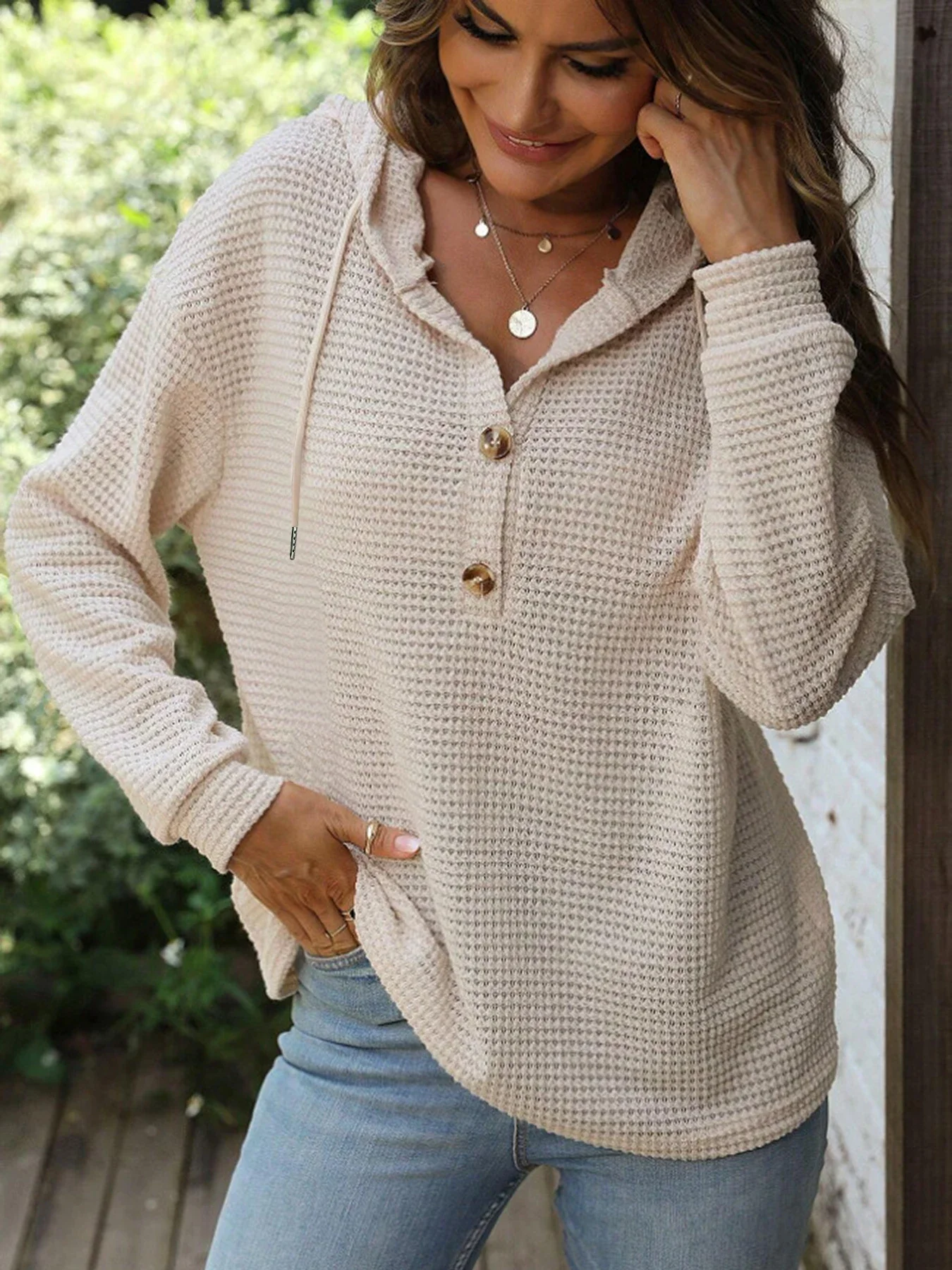 

autumn/winter new solid color hooded button loose long sleeved hoodie for women Sweatshirts Autumn Winter Korean Basics