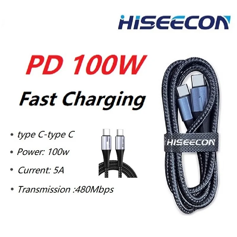 HISEECON Type-C to Type-C 100W PD Charger Cable, 5A Nylon Braided Fast Charge & Data Sync Cord for iPhone MacBook Samsung Xiaomi
