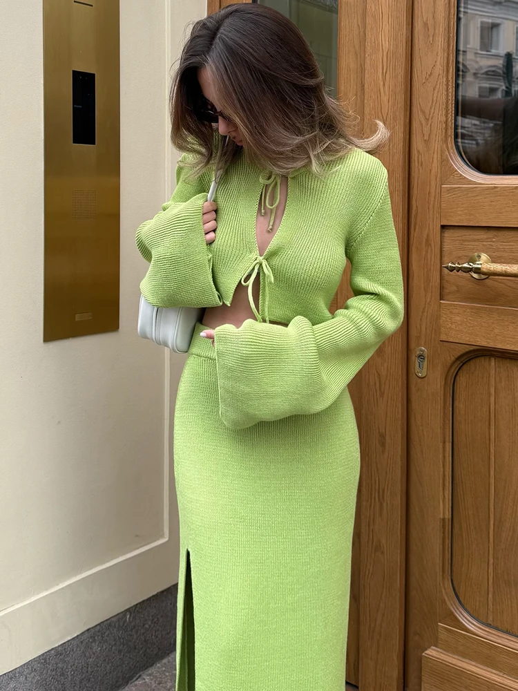 

Blifanbo Autumn Knit Cardigan Tops Long Skirt Two Pieces Sets For Women Lace-up Long Sleeve Slim Tops And Split Long Skirt Sets