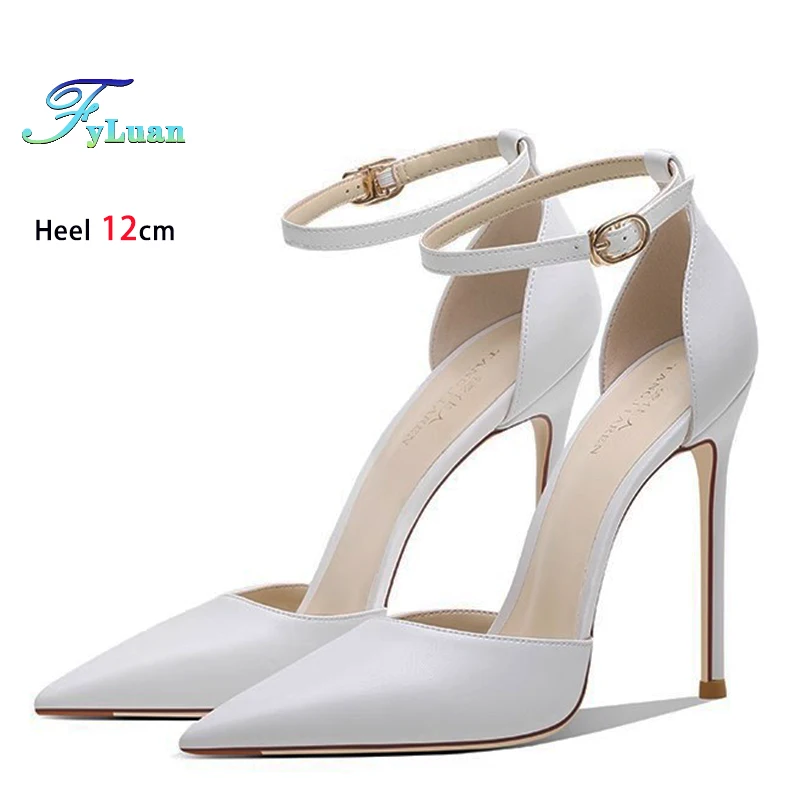 FyLuan New Spring Summer Lady Sheepskin Single Shoes 6-12cm Buckle White High Heels For Women Sandals Model Walk Fashion Shoes