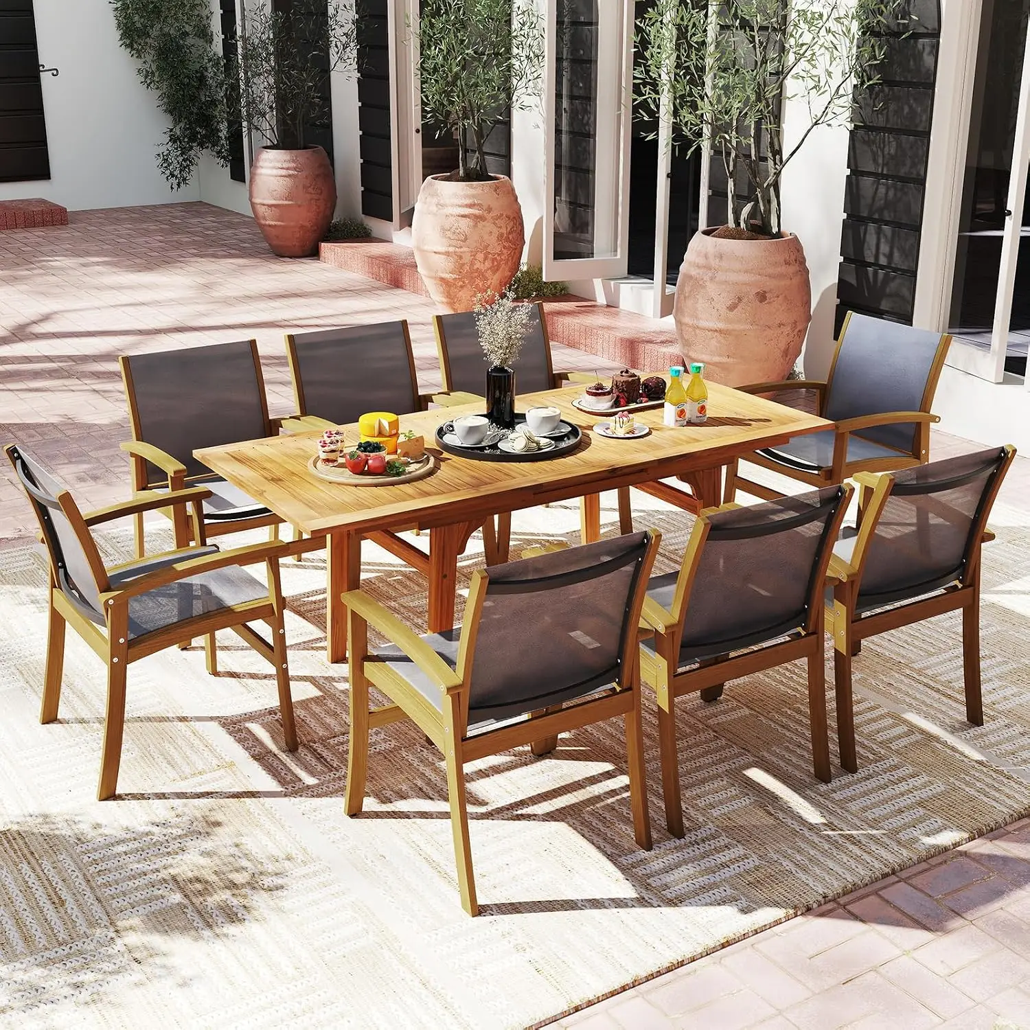 Acacia Wood Outdoor Dining Set 6-8 Seater Expandable Table & Chairs Umbrella Hole Fabric Seat Patio Furniture, Customized