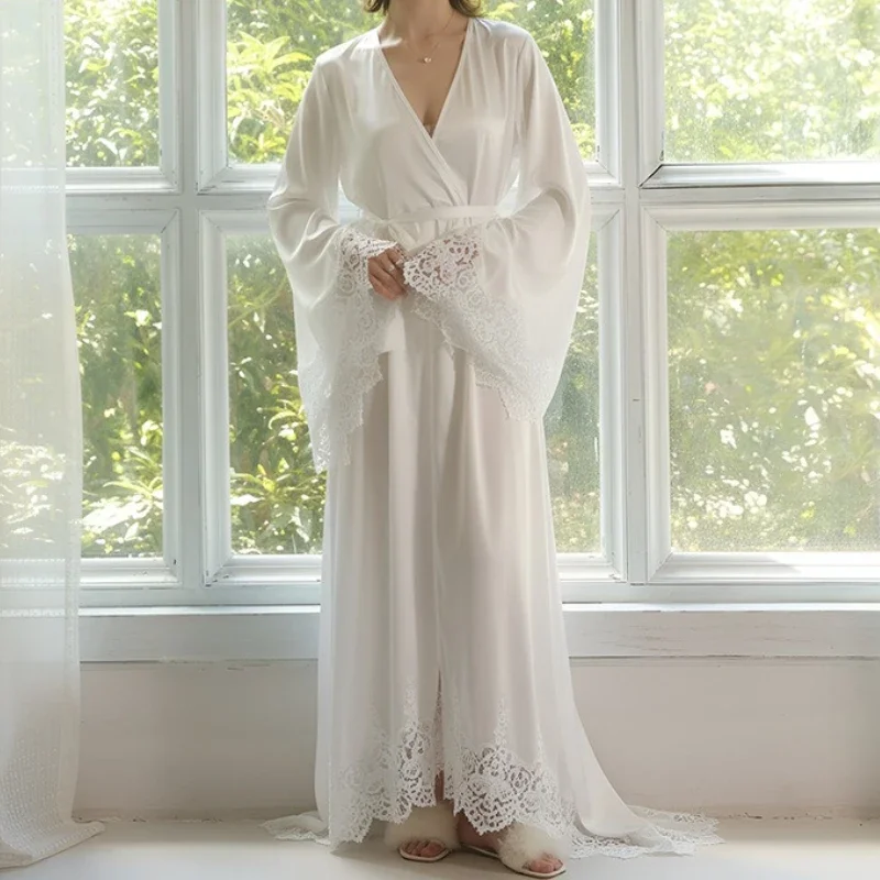 Women's High-end Elegant French Romantic Nightgown with Satin Lace Decoration Long Trailing Bell Sleeves Home Robe