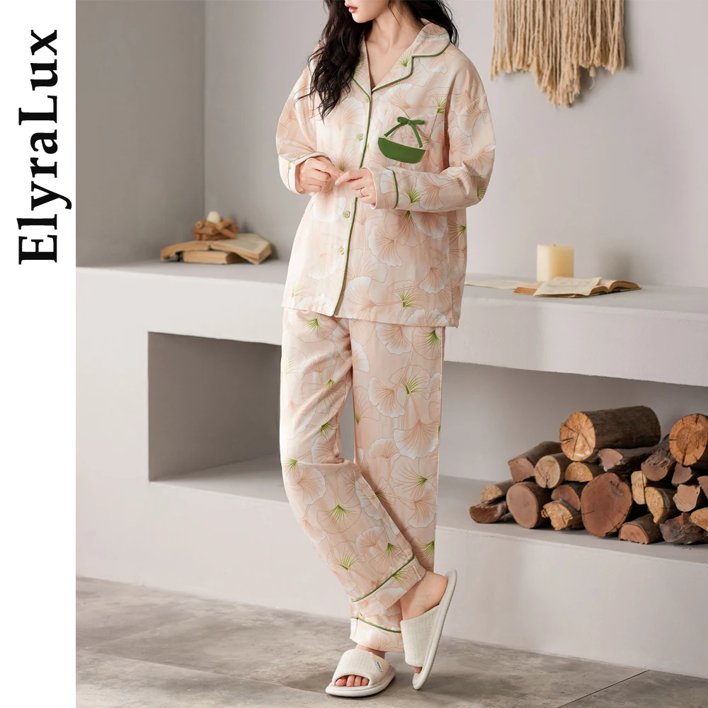 

ElyraLux Women's Pajamas Set Crepe Cotton Sleepwear Long Sleeve Trousers Suit Cardigan Loungewear Spring Autumn Pijama Ladies