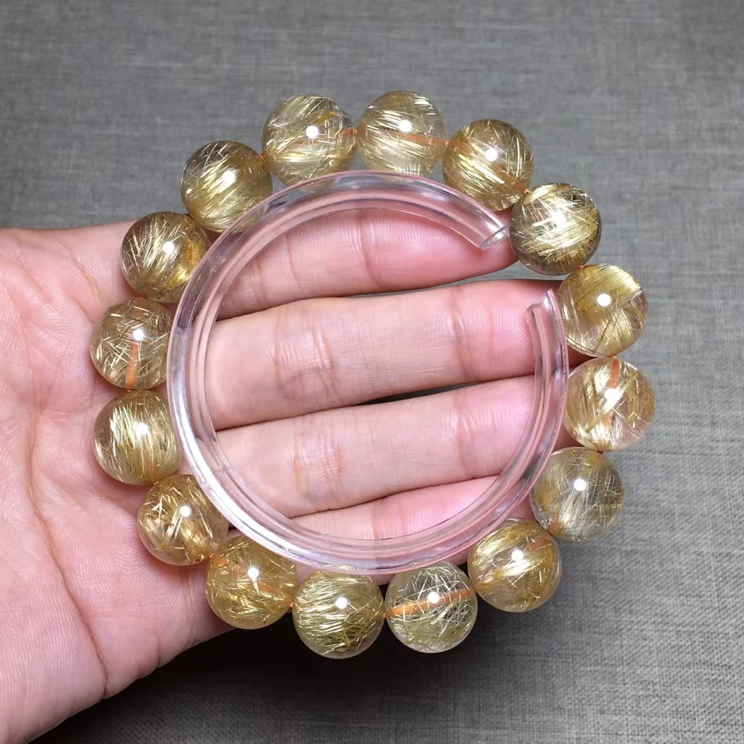 

Natural Gold Rutilated Titanium Quartz Bracelet Woman Men Wealthy 13mm Clear Round Beads Jewelry From Brazil AAAAAAA