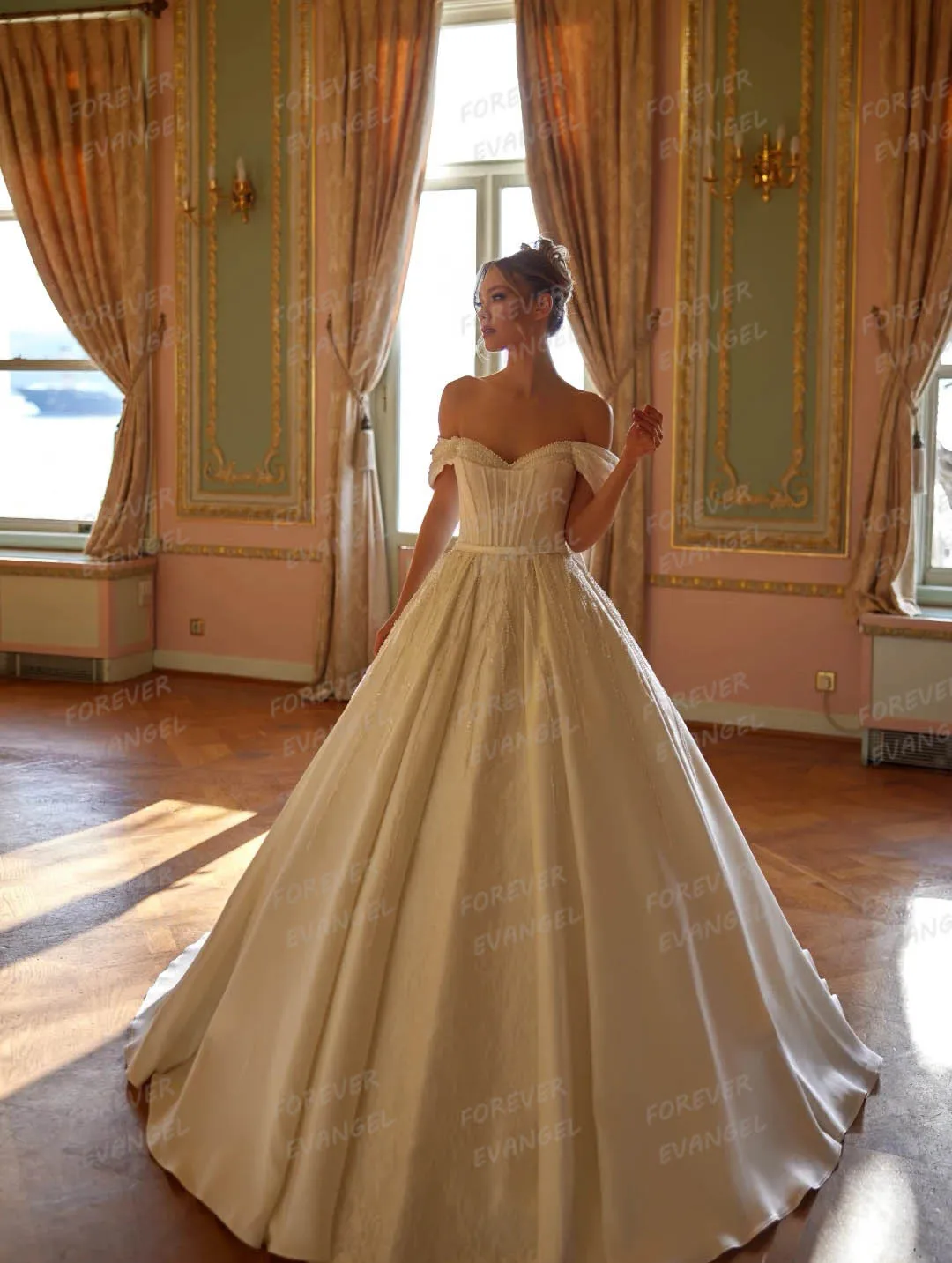 فساتين زفاف فاخرة لامعة للنساء على شكل حرف A بدون أكتاف بدون أكمام من الساتان فساتين العروس مطرزة حسب الطلب 2026