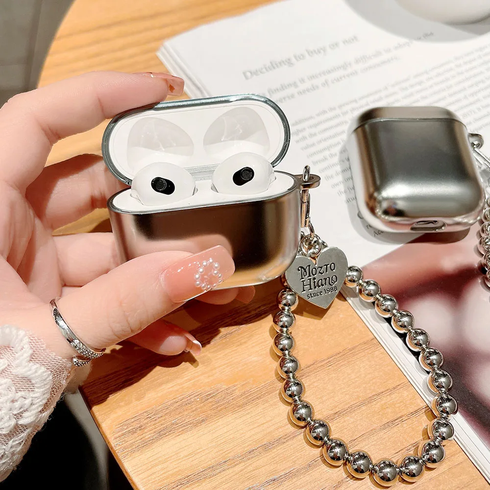 Luxury Plating Silver Cases With Heart Pendant Bracelet Chain For Airpods 4 Pro 2 Earphone Box Shockproof Bag For Airpod 3 Cover