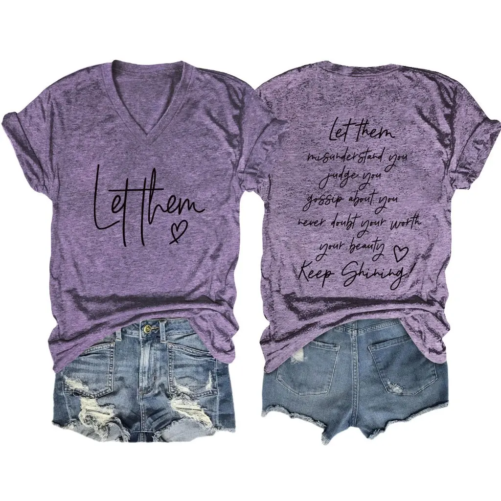 

Fashion Double-Sided Printed V-Neck T-Shirt Short Sleeve Casual Staid Temperament Women's Top