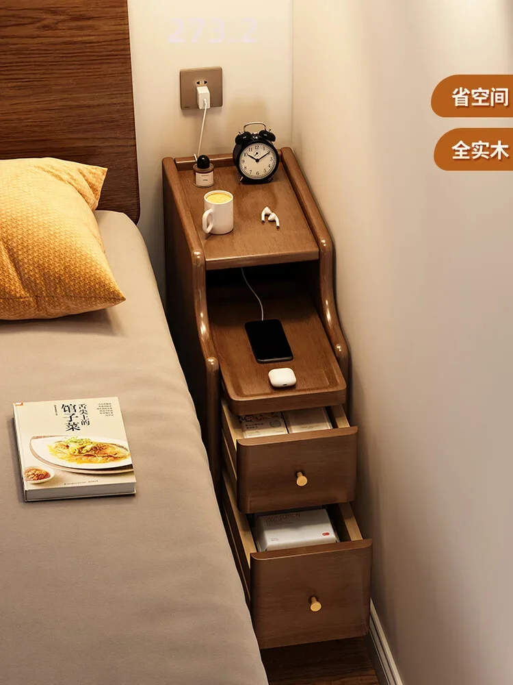 Solid wood bedside table, extremely narrow bedside table, ultra-narrow slotted storage cabinet, simple and modern shelves