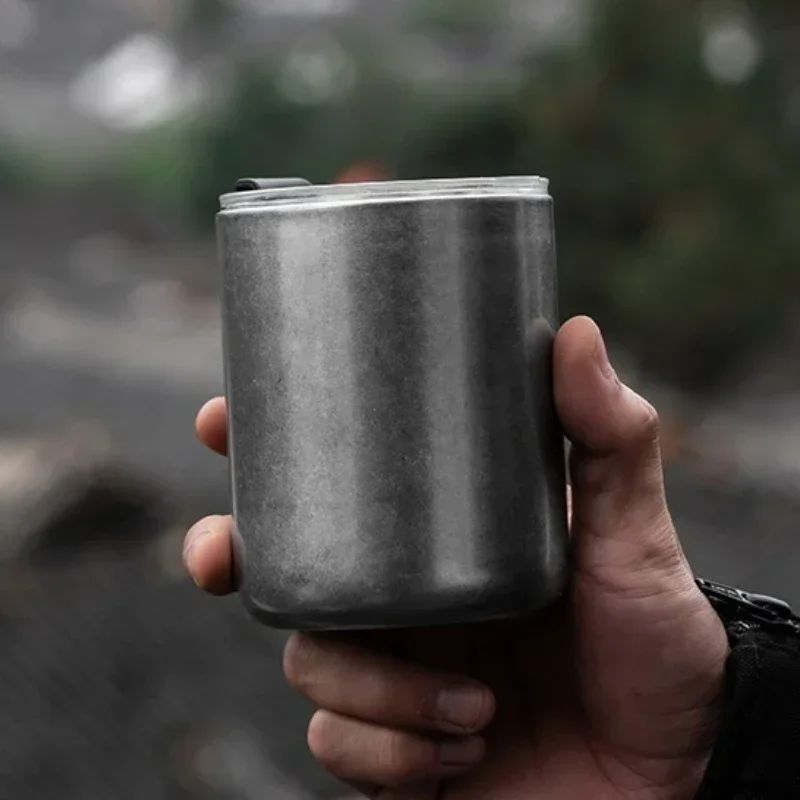 320ml Retro 304 Stainless Steel Double-walled Coffee Mug with Lid, Outdoor Camping Anti-fall Milk Tea Cold Drink Beer Cup