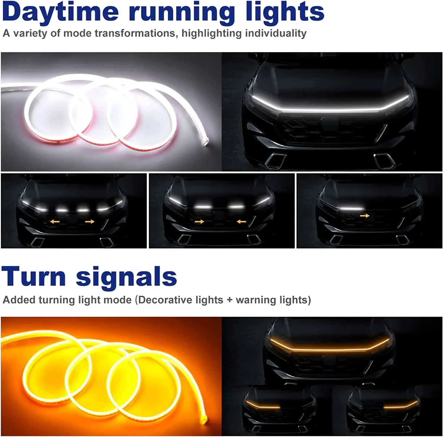 LED Car Daytime Running Light Strip Start Scan Yellow Turn Signal Indicator Headlight Car Hood Decorative Light Universal 12V