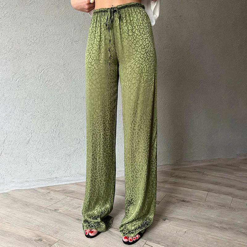 Summer Black Pants Women Fashion Lace-up Loose Trousers Ice Silk Casual Leopard Print Retro High Waist Straight Pants Streetwear