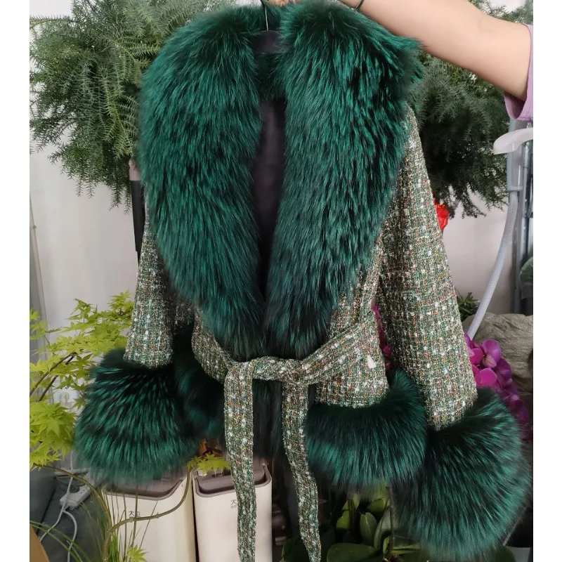 Short Jacket Coat with Real Red Fox Fur Collar for Women, Front and Belt, Elegant Fur, Green Color, Autumn and Winter Coat