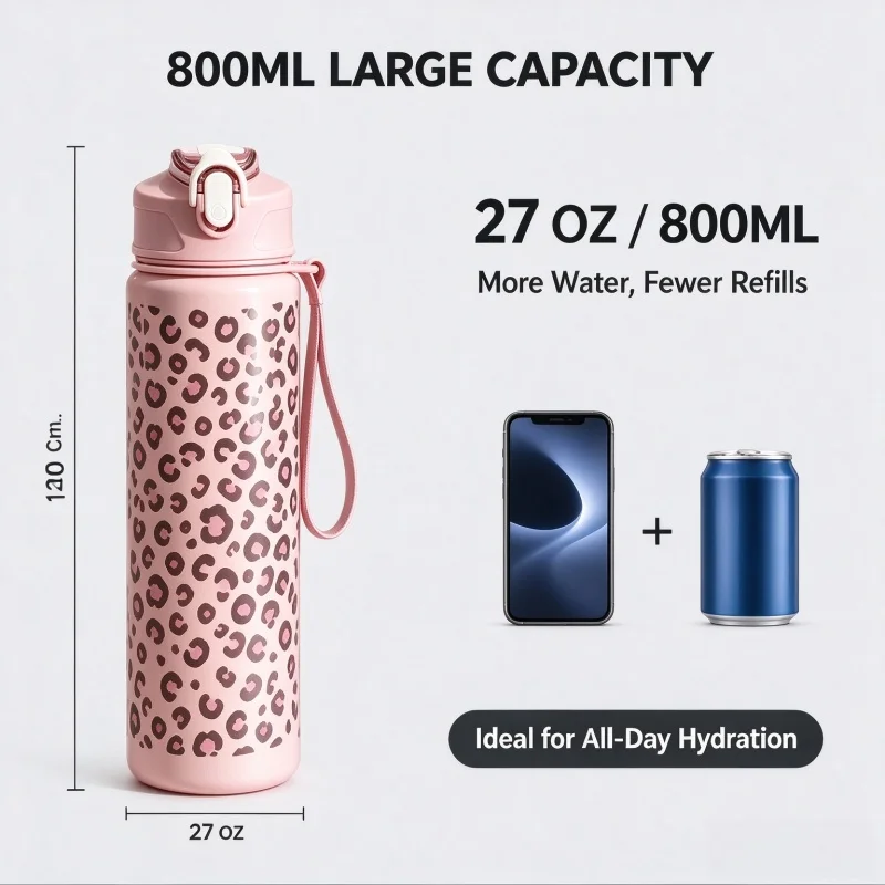 800ml Leopard Print Water Bottle with Straw Portable Sport Water Cup Large Capacity Plastic Travel Gym Space Bottle with Lanyard