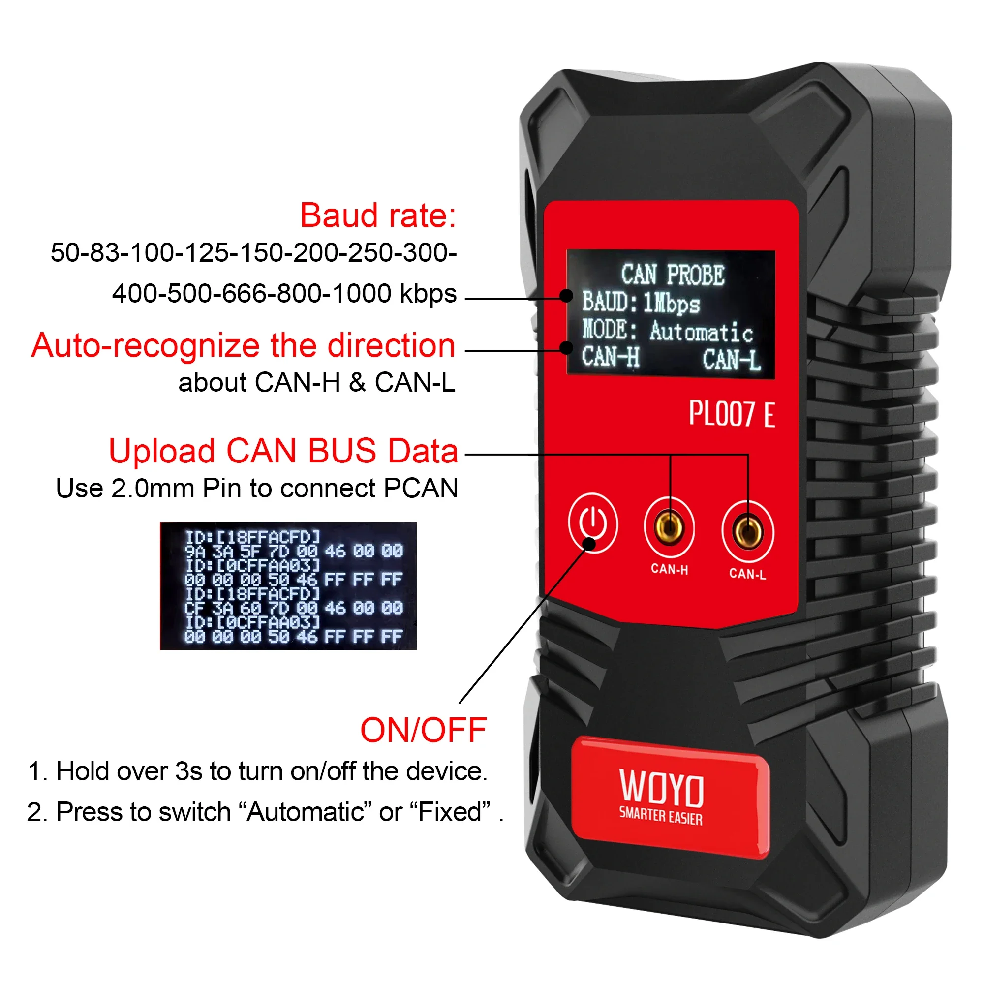 Picture 5: WOYO PL007E Non-contact CAN BUS Tester Engineer Edition CAN BUS Analyzer Read Baud &Data Essential Tools