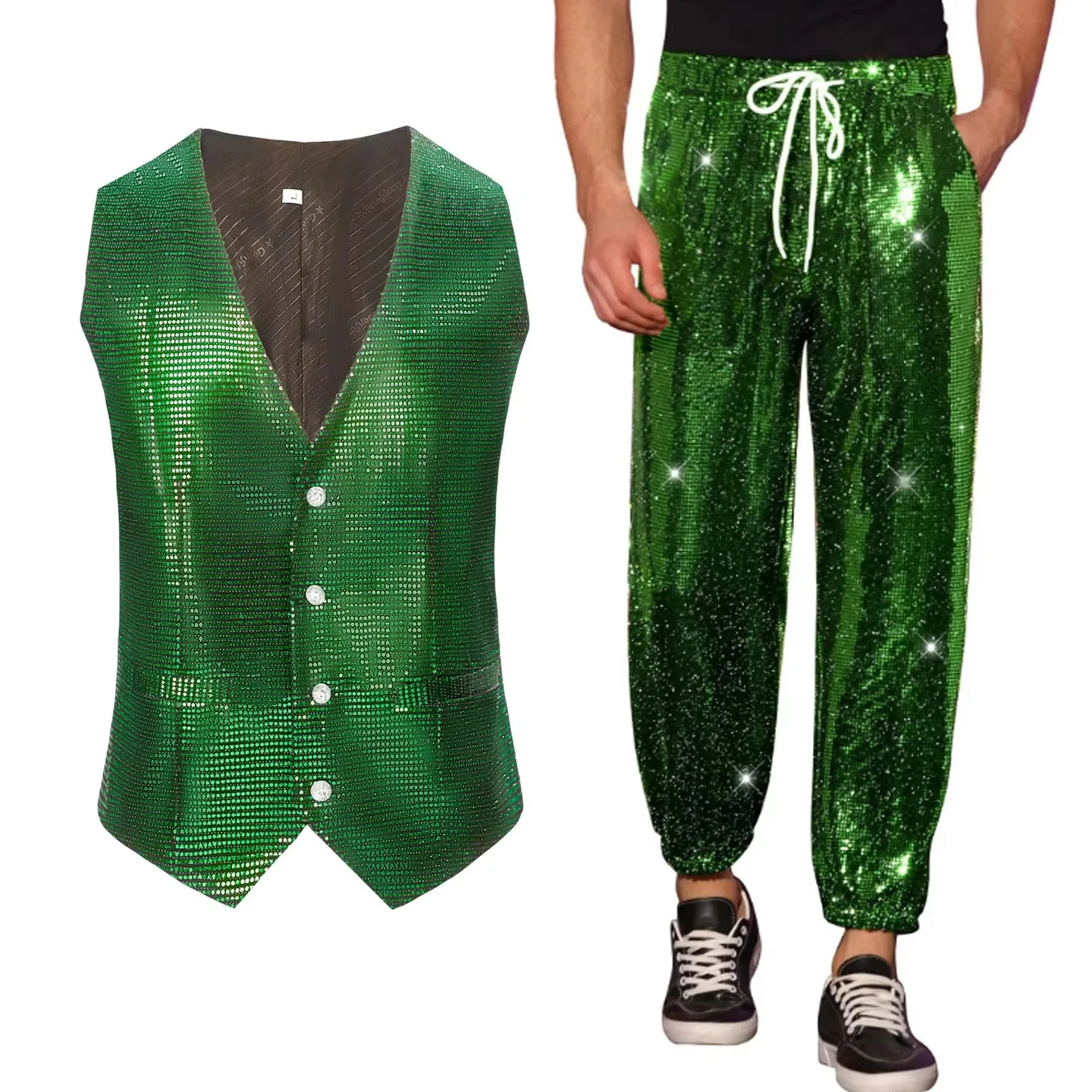 Men's Slim Fashion Jazz Hip Hop Dance Sequins Vest Pants Set Shiny Green Purple Street Performance Costume for Festival Party ﻿