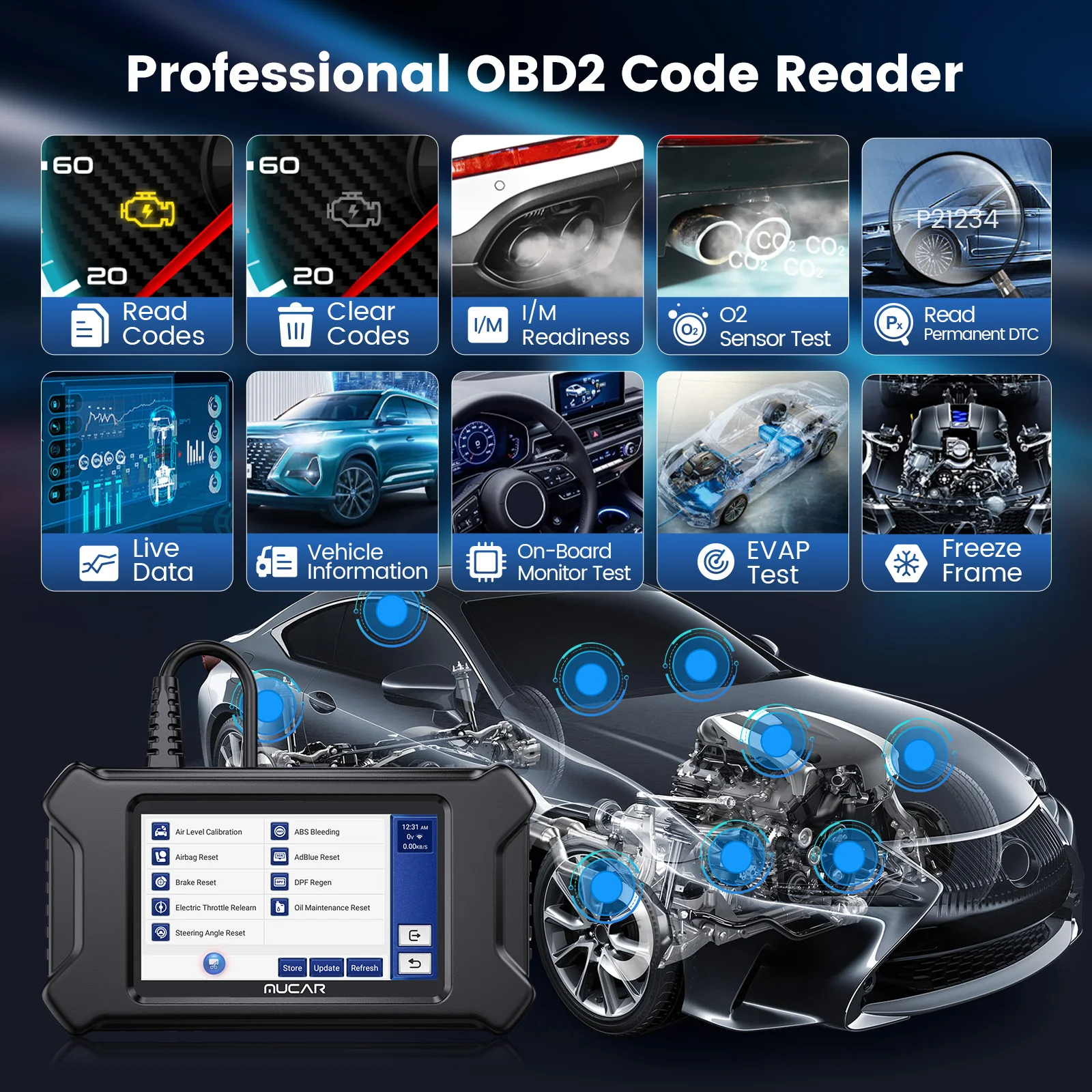 MUCAR CS4 OBD2 Scanner Diagnostic Tool ABS/SRS/ECM/TCM 4 system Diagnosis Oil/EPB/SAS/TPMS/ETS 5 Resets Service Lifetime Free