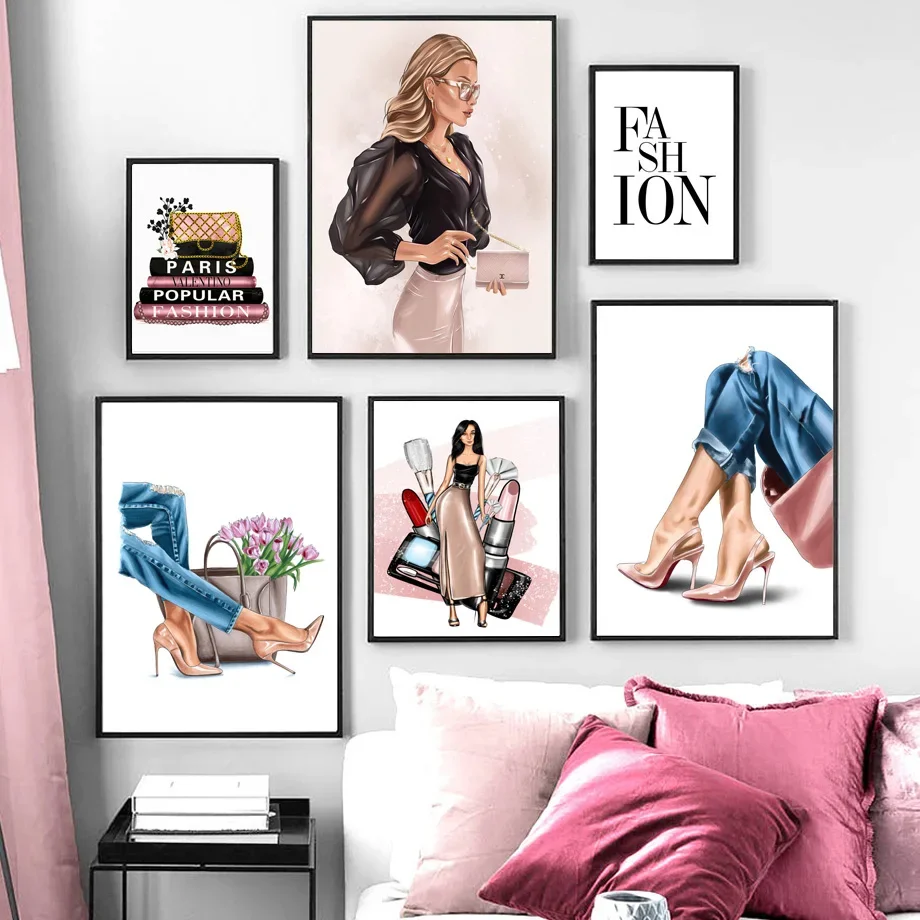 Abstract Wall Art Fashion Girl in Jeans with High Heels Canvas Painting Living Room Decor Poster Print
