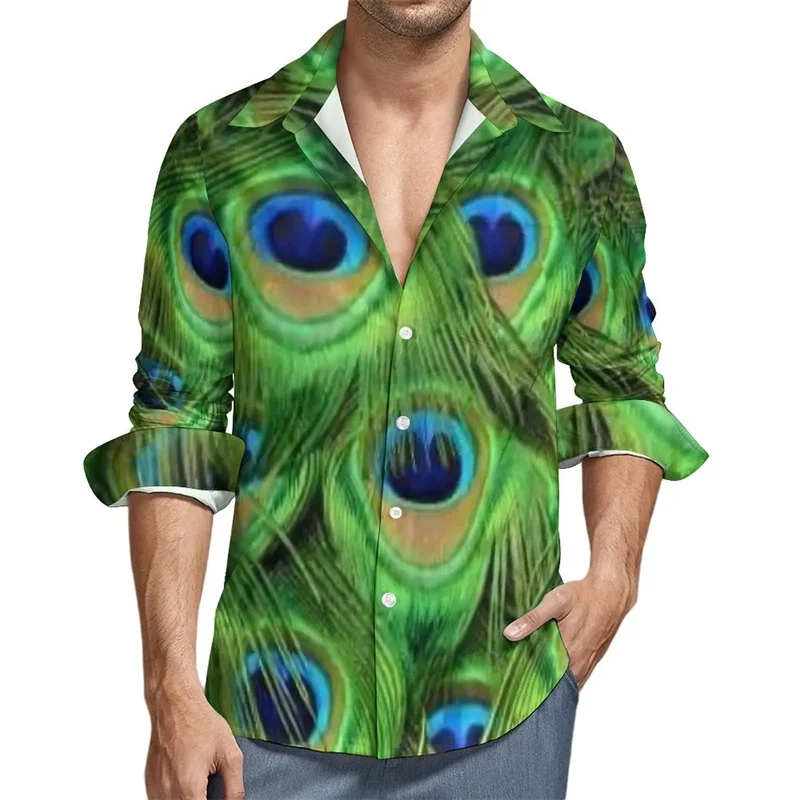 Peacocks Feather Pattern Hawaiian Shirts For Men Animal 3D Printed Blouse Spring Autumn Casual Loose Aloha Shirts Long Sleeves