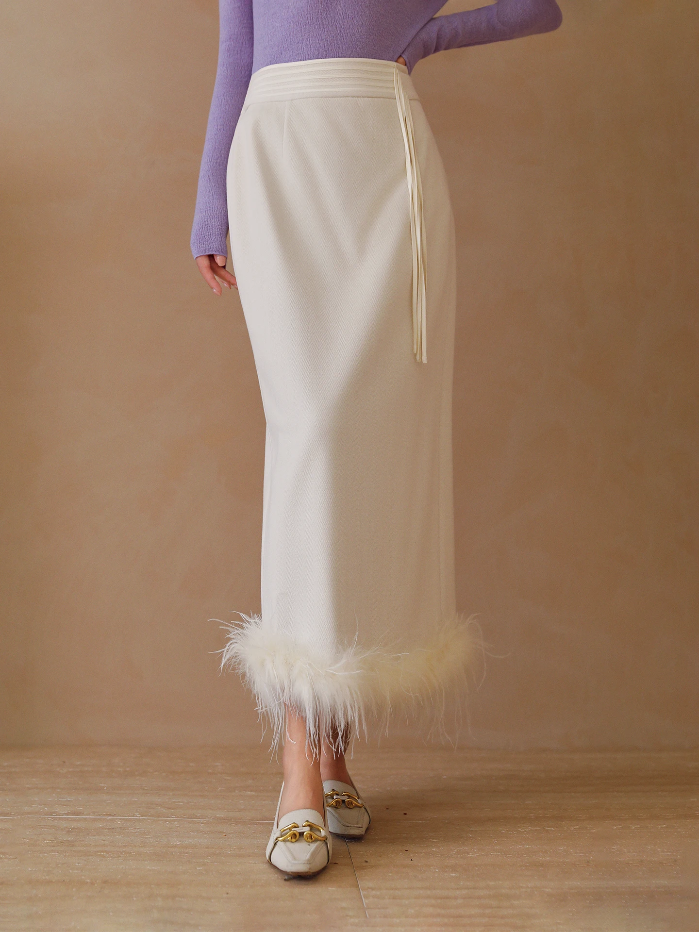 

Женская юбка миди из шерсти с перьями страуса, съемная, с завышенной талией, прямого кроя, для повседневной носки, осень-зима