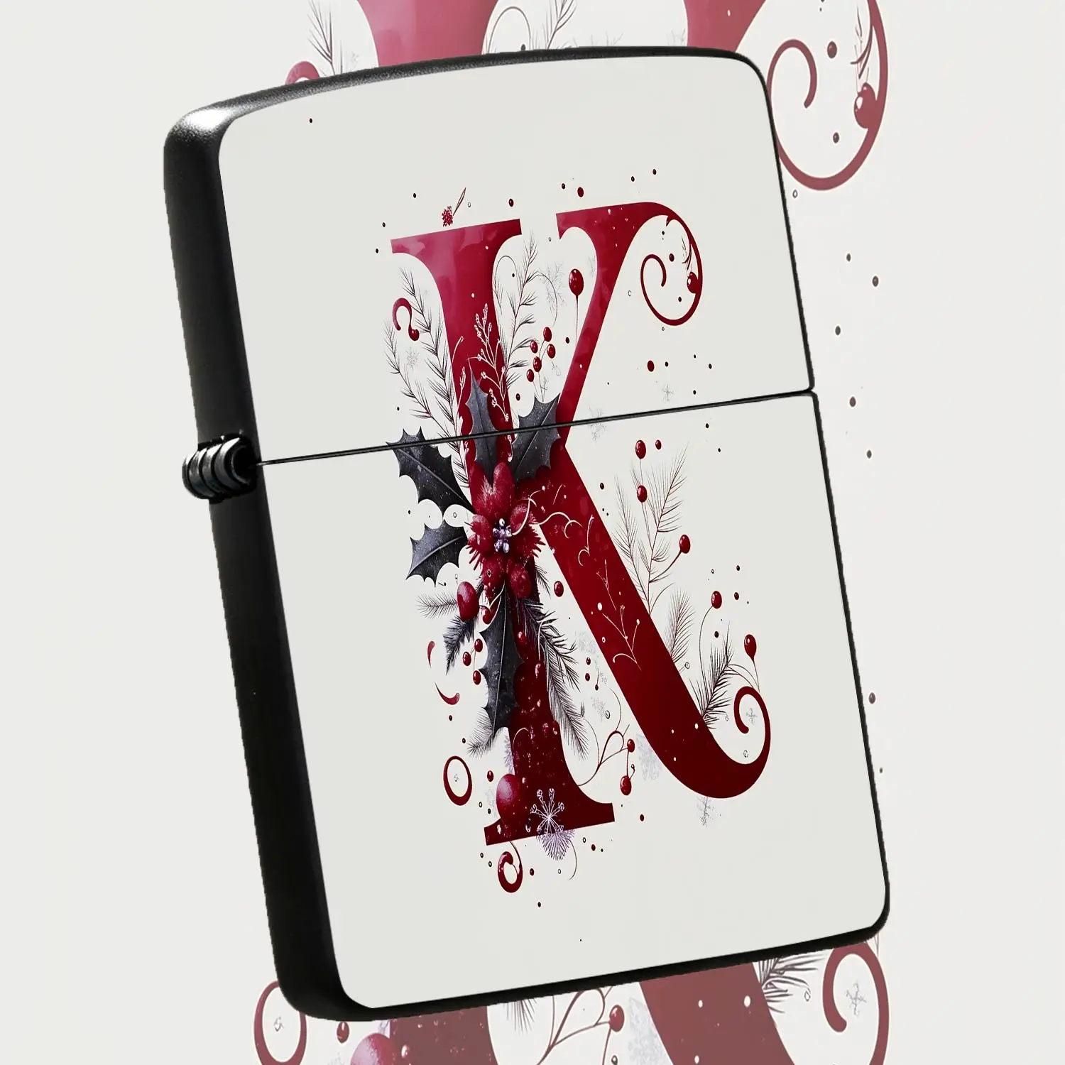 Festive Burgundy Decorative K Letter Lighter, Exquisite Holly Pine Branch Snowflake Print Design, Multipurpose For Lighting Candles, Incense, Campfires, Durable Stylish Portable Accessory, Ideal Thoughtful Gifting Choic A Humorous And Inter