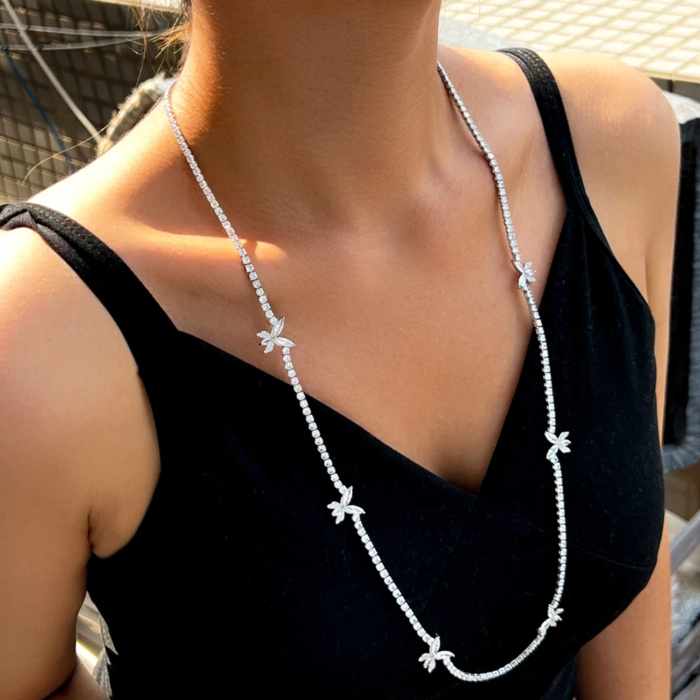 

BeaQueen Shiny CZ Zircon Silver Color Long Chain Beautiful Butterfly Necklace for Women Chic Wedding Evening Party Jewelry N037