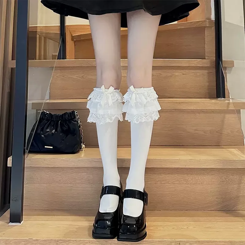 Girls Lolita Kawaii Ruffle Lace Socks Stockings Cute Bow Sweet Knee High Socks Japanese Style JK Black White Long Stockings