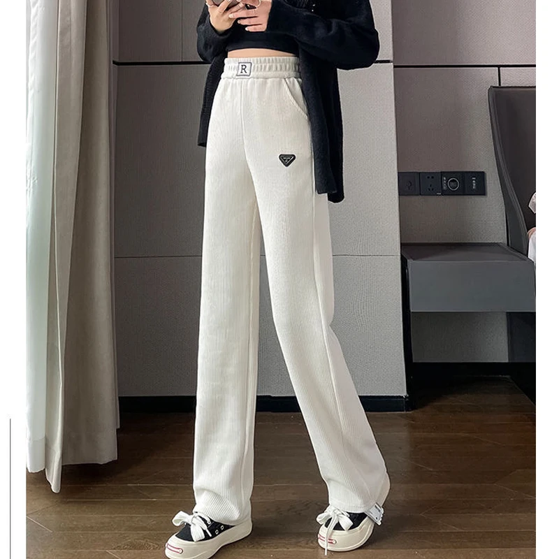 Women Clothes Vintage Casual Streetwear High Waist Pants Autumn Winter Trendy Appliques Pockets Plush Thick Trousers Pantalones