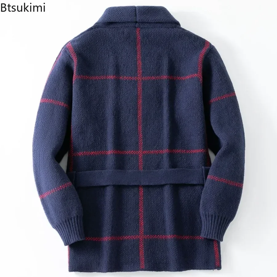 Men Sweaters Vintage Striped Thicken Knitted Buttons Lace-up Cardigan Sweaters Fashion Jacquard Mid-length Sweater Coats for Men