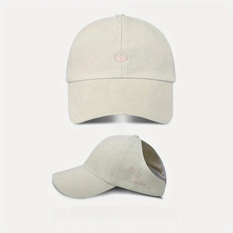 1 nicho em forma de coração bordado design, rabo de cavalo alto meados de ar chapéu superior, chapéu de beisebol feminino verão sol sombreamento, shoppi versátil