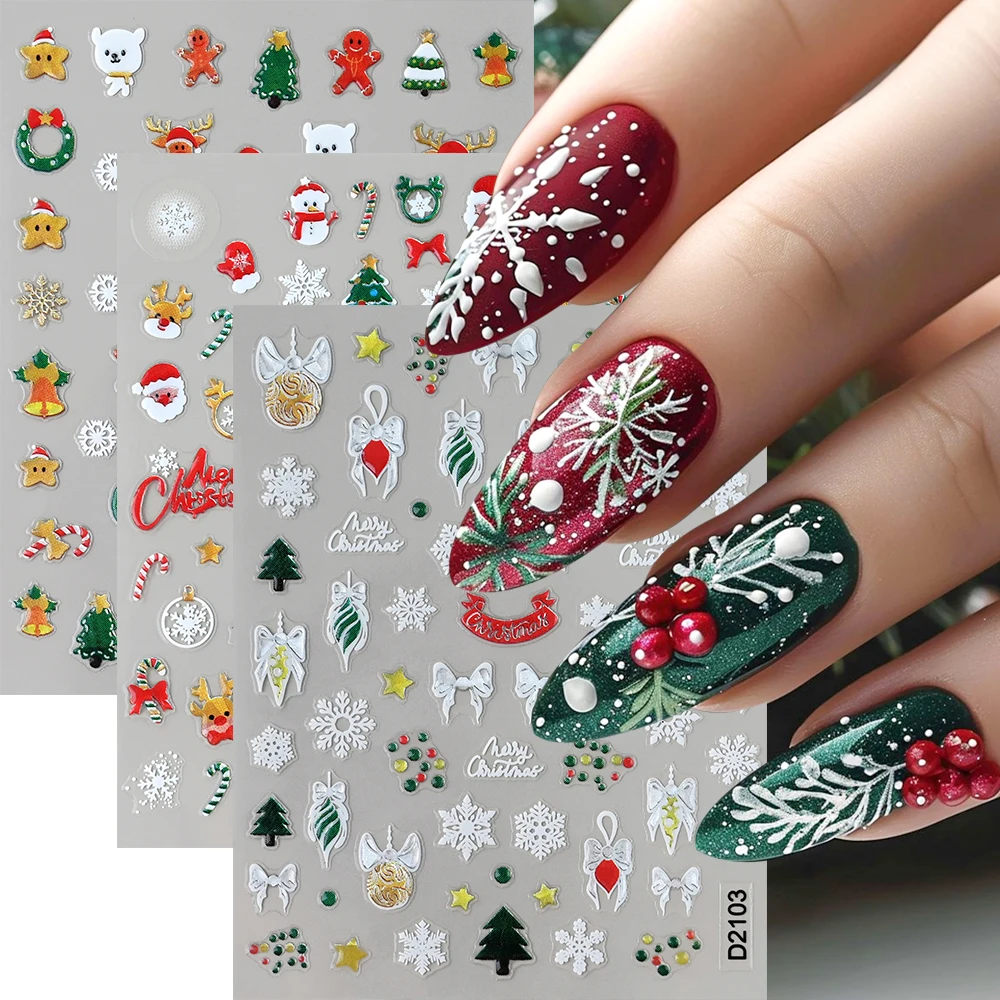 3 pçs epóxi gingerbread homem flocos de neve adesivos de unhas dos desenhos animados papai noel berry natal sliders adesivo auto-adesivo decalques de natal