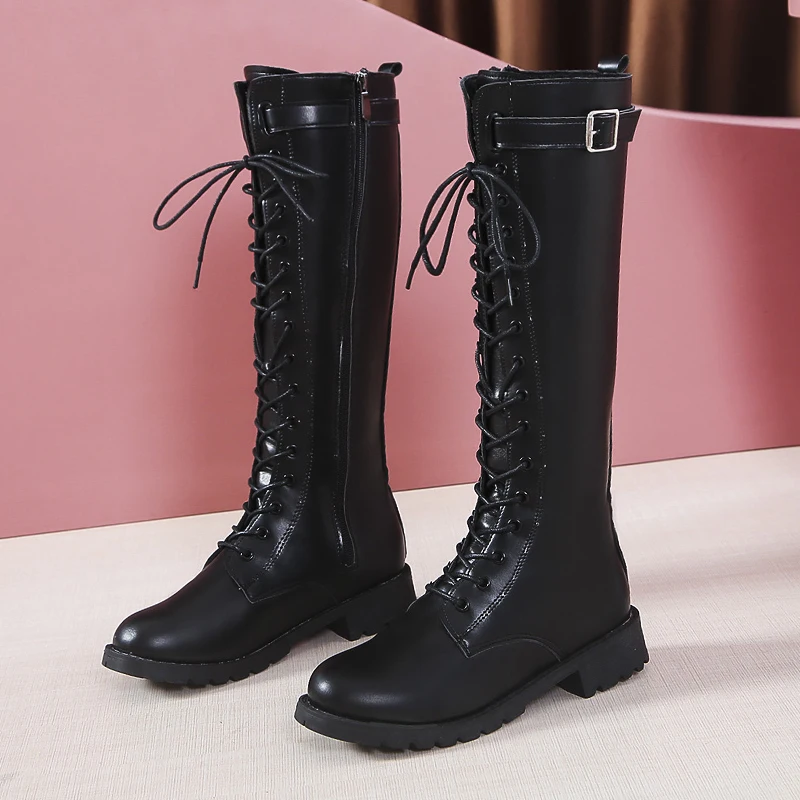 Plus Size Autumn Winter Knee High Boots Women Fashion Buckle High Tube PU Leather Boots Woman Zipper Low Heels Long Botas Mujer