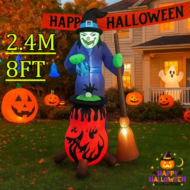 

8FT Party & Holiday DIY Decorations Halloween Inflatables Toys Witch with Auto Rotation Cauldron Outdoor Yard Lawn Garden Decor