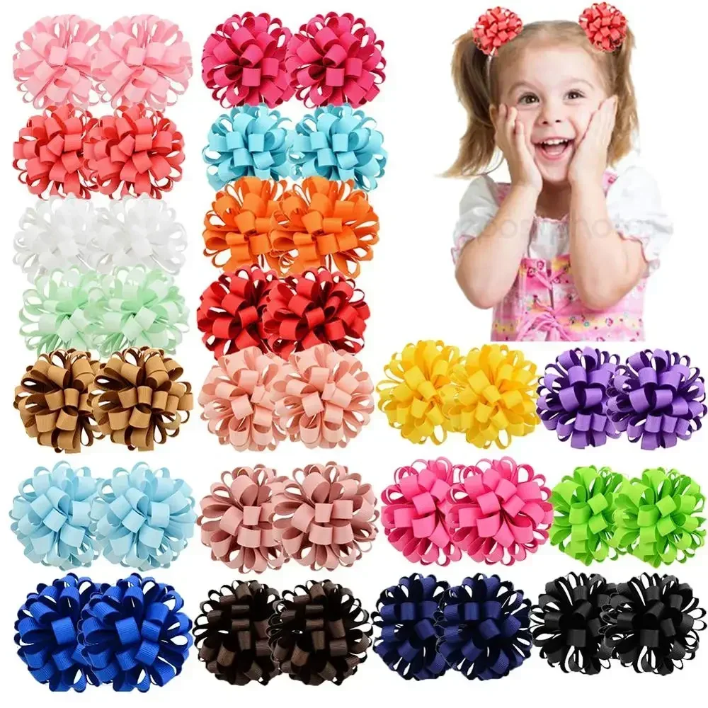 2Pcs Girl Elastics Hair Band Big Grosgrain Ribbon Flower Ball Hairrope Pretty Festival  Dress Up Baby Hair Tie Accessories