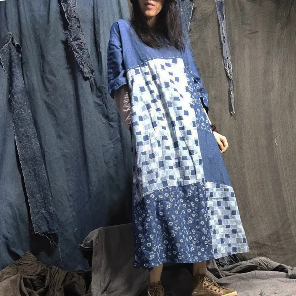 

Original Pure Cotton Denim Color-Blocking Dress Womens Half-Sleeved Artistic Casual Unique Hand Sewing Dress Loose With Pockets