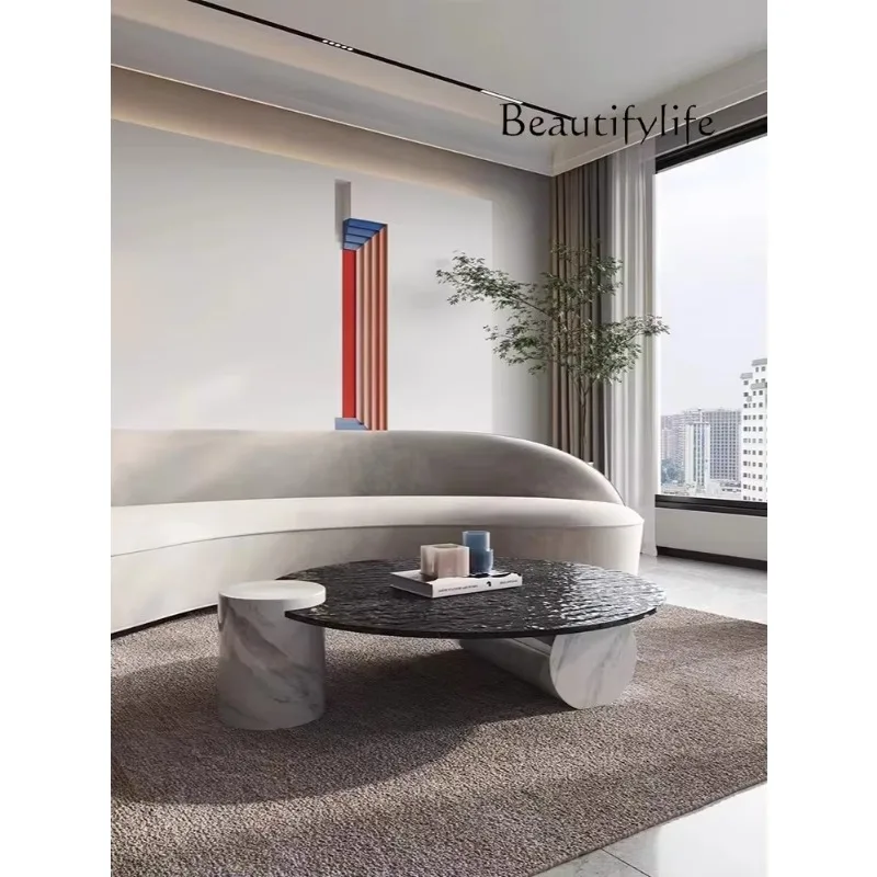 

Italian minimalist water corrugated tempered glass round living room light luxury modern stainless steel rock slab round table