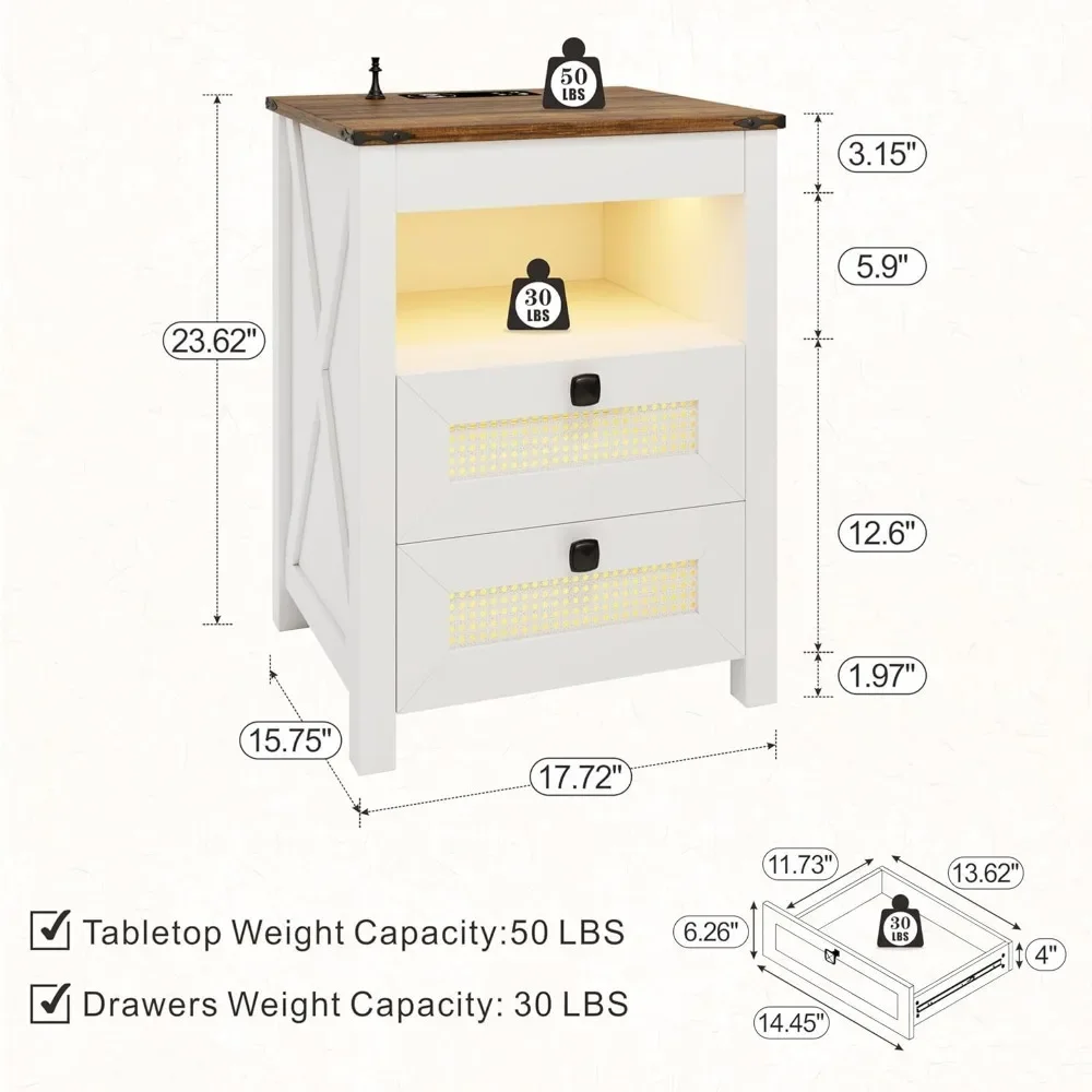 modern,Nightstand Set 2 with Gun Drawer, Bed Side Table with Charging Station, LED End Table with Human Sensor Light
