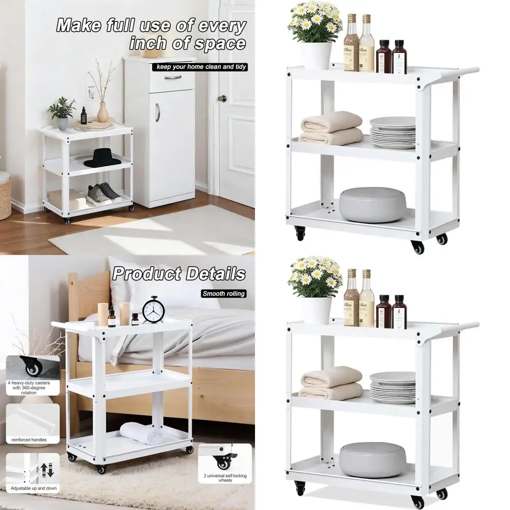 

3-Tier Rolling Metal Cart - Heavy Duty Storage Organizer for Kitchen, Bath, Office, Bedroom, White, 330 lbs Capacity